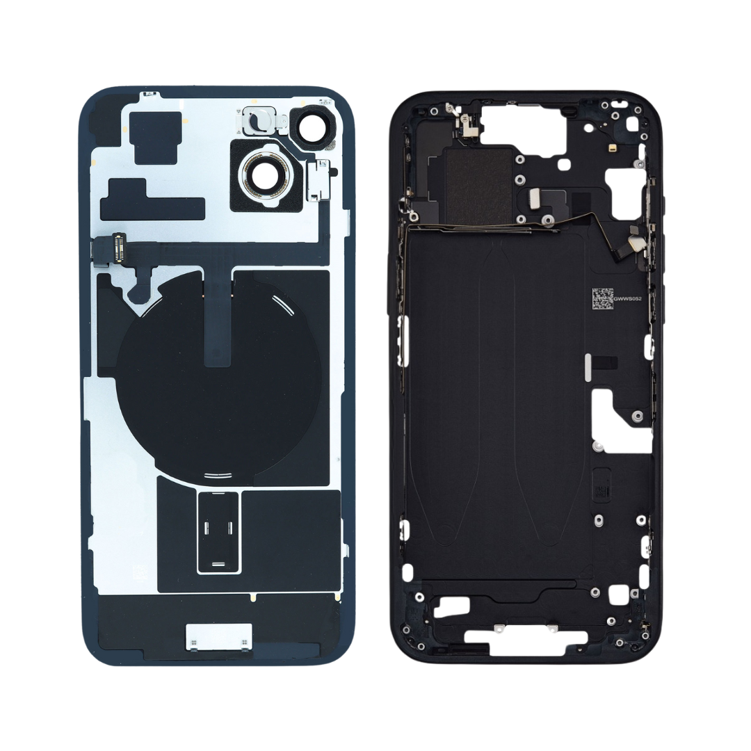 Mid-Frame Housing w/ Back Glass and Wireless NFC and Small Parts Pre-Installed for iPhone 15 Plus (Charging Port Included) – Black