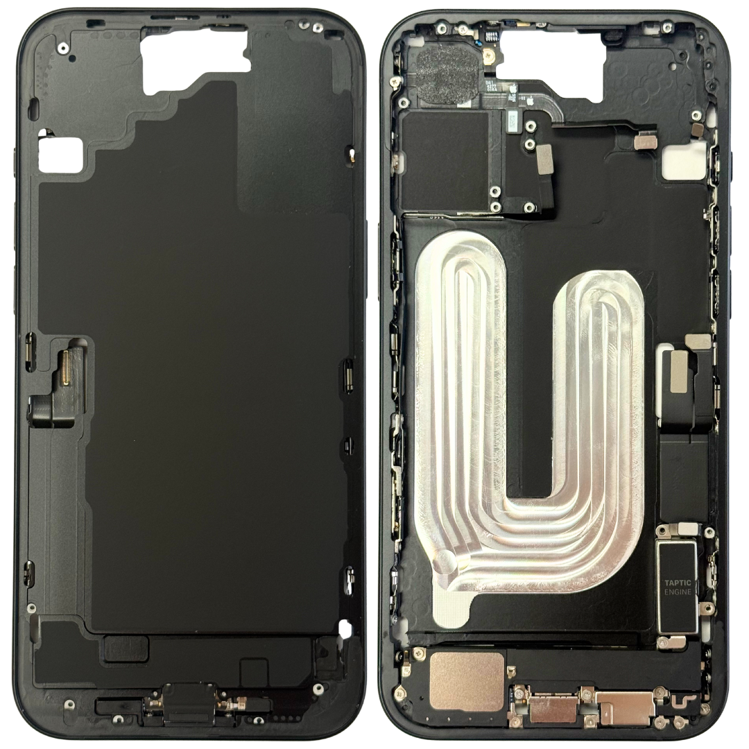 Mid-Frame Housing w/ Back Glass and Wireless NFC and Small Parts Pre-Installed for iPhone 16 (Charging Port Included) – Black